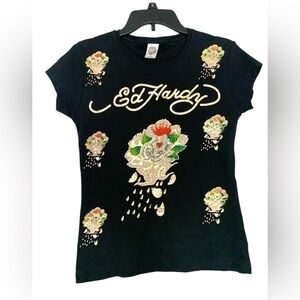 Vintage Ed Hardy Y2K Embellished T-shirt Tee Top Black Gold Rose Print